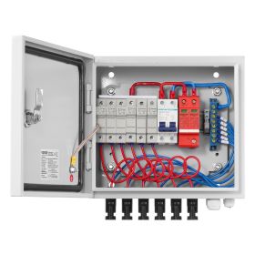 PV Combiner Box, 6 String, Solar Combiner Box with 10A Rated Current Fuse 63A Circuit Breaker Lightning Arrester and Solar Connector